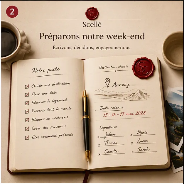 Carnet ouvert avec la préparation du week-end entre amis