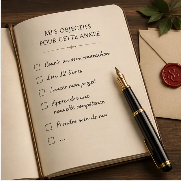 Carnet ouvert avec une checklist manuscrite d'objectifs, une plume et une enveloppe scellée